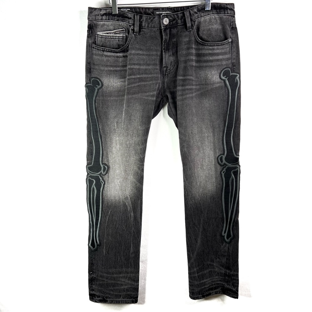 Cult of Individuality Rocker Slim Denim Jeans Bones Patches Faded Black 36 x 33